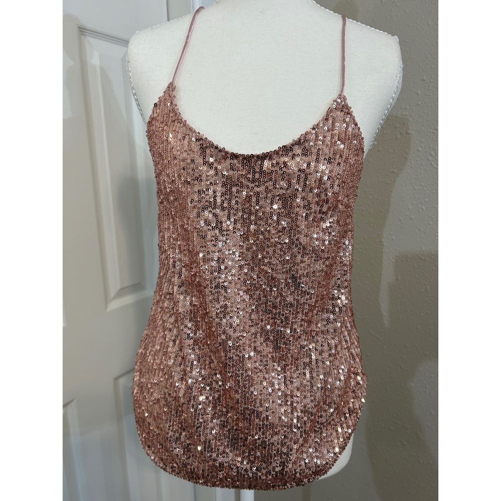 Festival Barbicore Glam Y2K Victorias Secret Rose Gold Sequin Shimmer Tank S